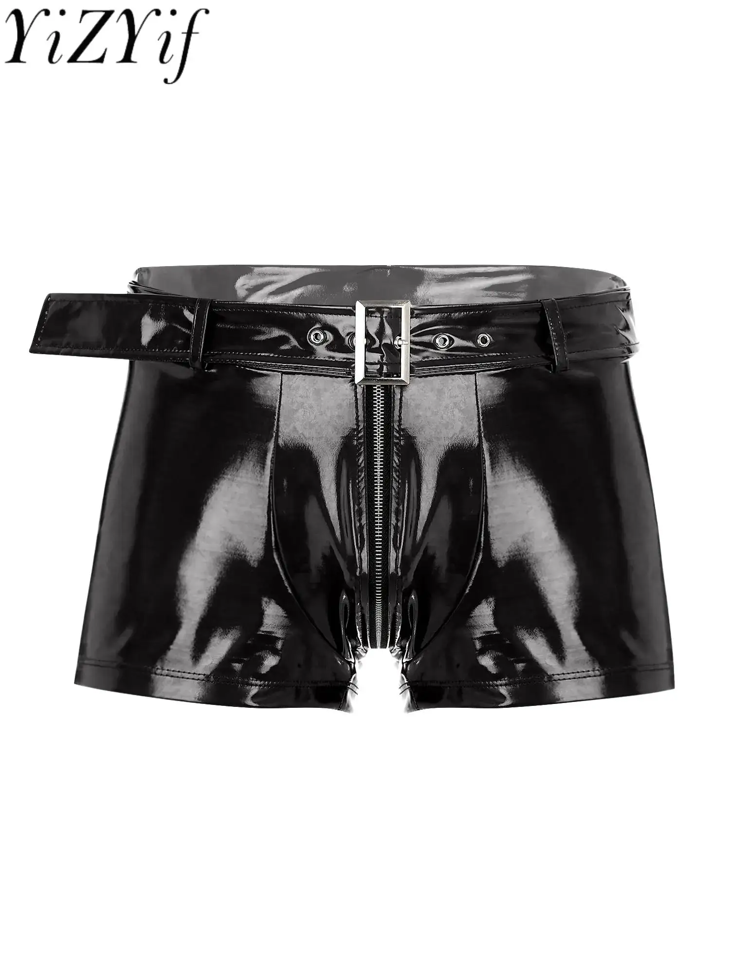 Men Wet Look Patent Leather Shorts with Belt Latex Boxer Shorts Hot Pants Sexy Bulge Pouch Hipster Trunks Motorcycle Shorts