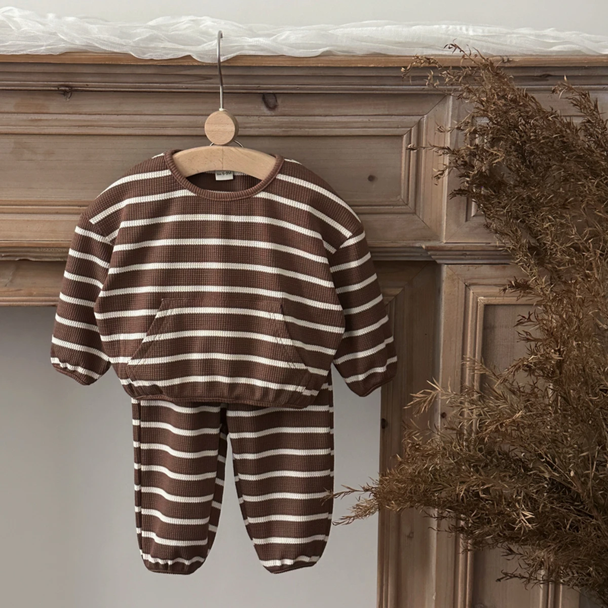 Unisex Baby Brown White Stripe Waffle Set, Infant Crew‑Neck Kangaroo Pocket Top Cuffed Pants 2Pcs Outfit