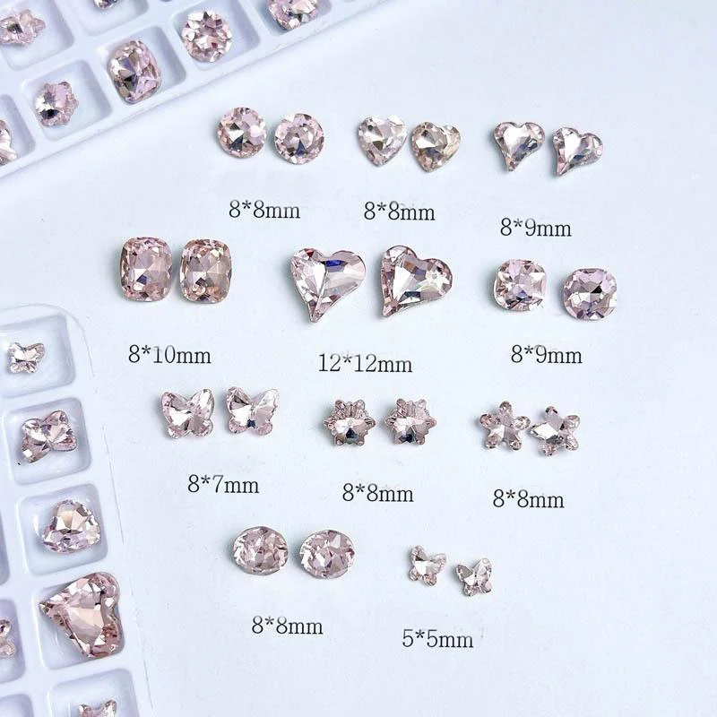 20PCS Multiple Style Heart Butterfly Pink Nail Art Rhinestones Glass Pointed Bottom Snowflake Square Nail Crystal Decoration DIY