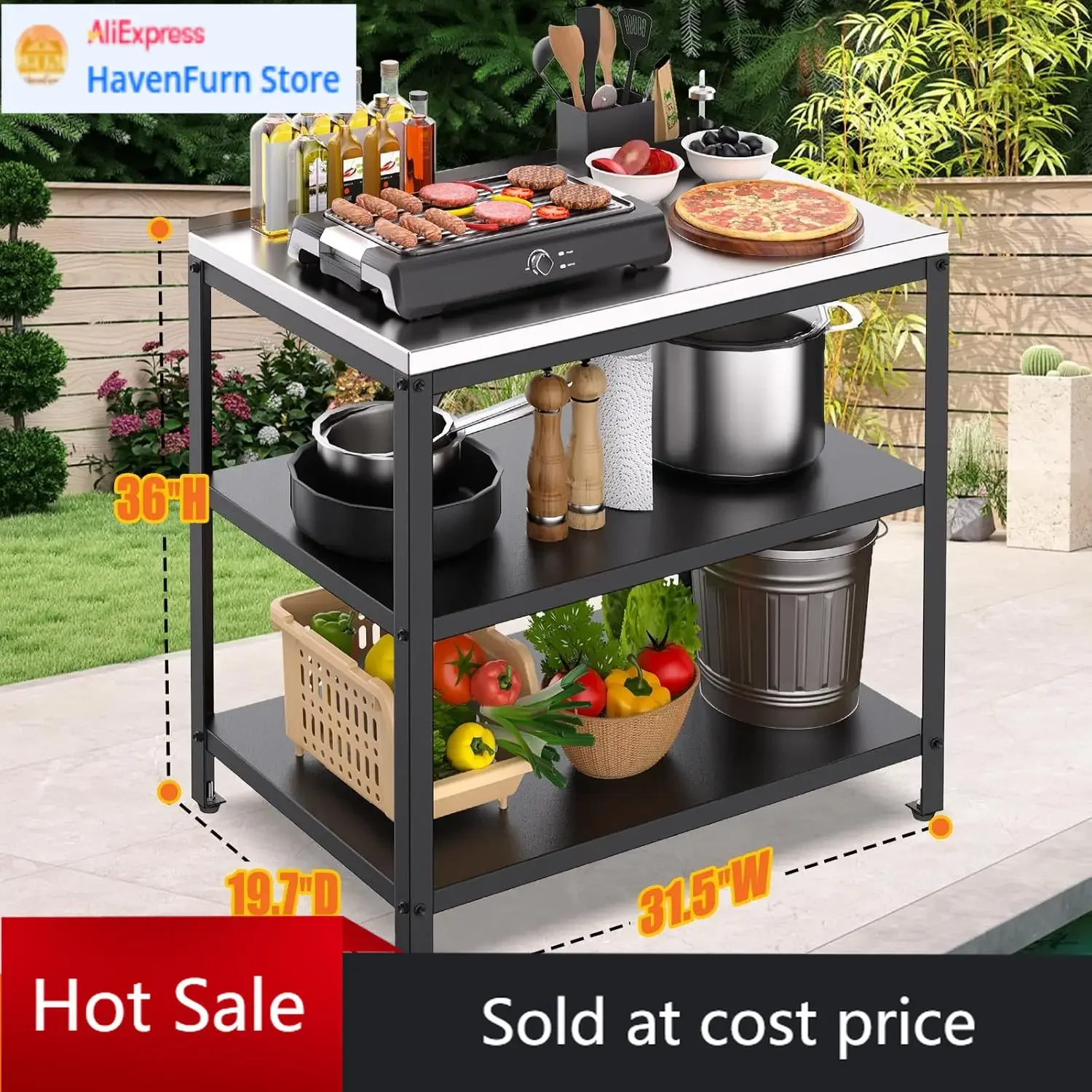 

Универсальный стол для приготовления пищи на открытом воздухе, 3-уровневый, из нержавеющей стали, устойчивый к ржавчине, для патио, печи для пиццы, гриля