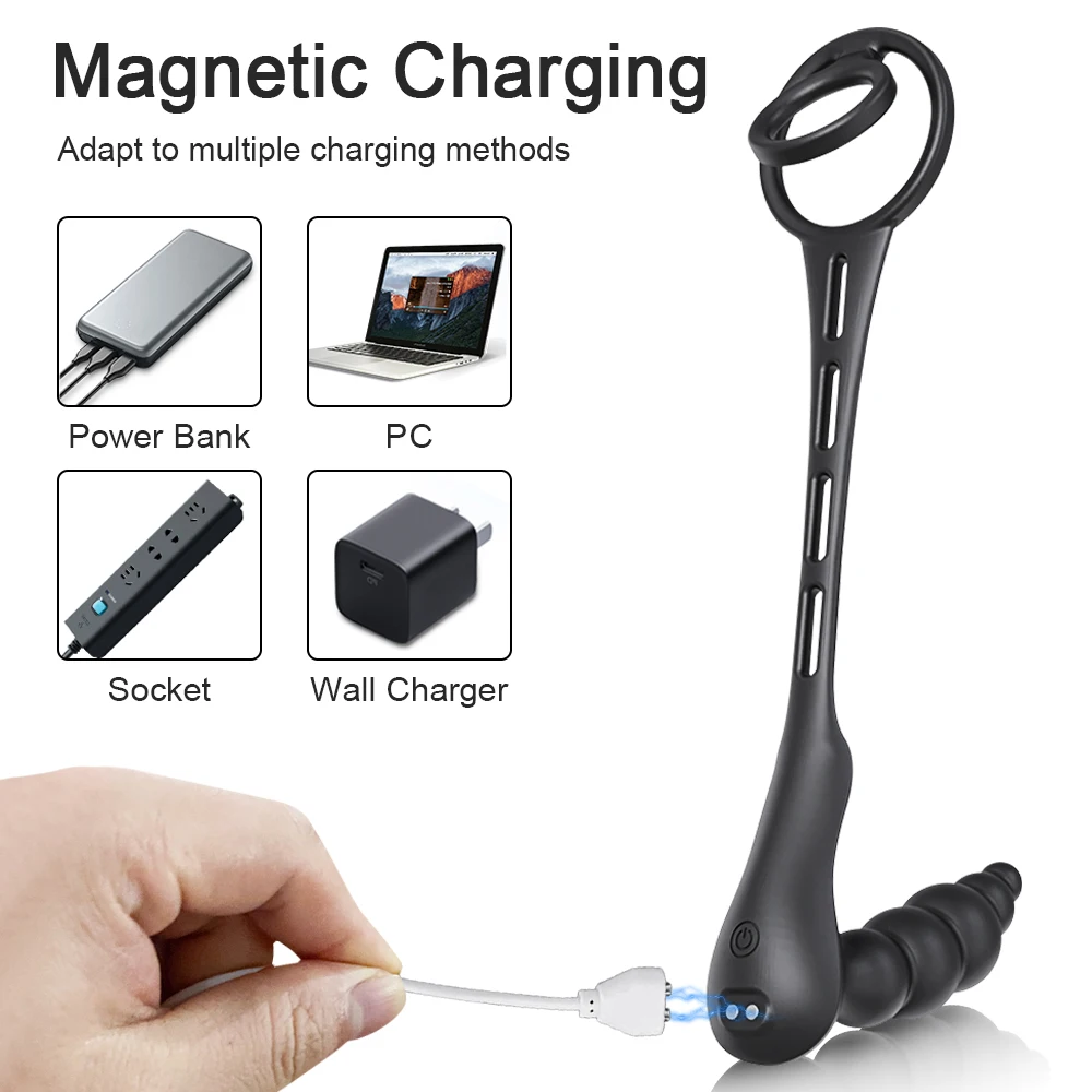 เครื่องสั่นห่วงรัดอวัยวะเพศชายพร้อมลูกปัดเซ็กซ์ทอยเสียบก้นสำหรับคู่รักเครื่องนวดก้นต่อมลูกหมากไร้สายระยะไกล