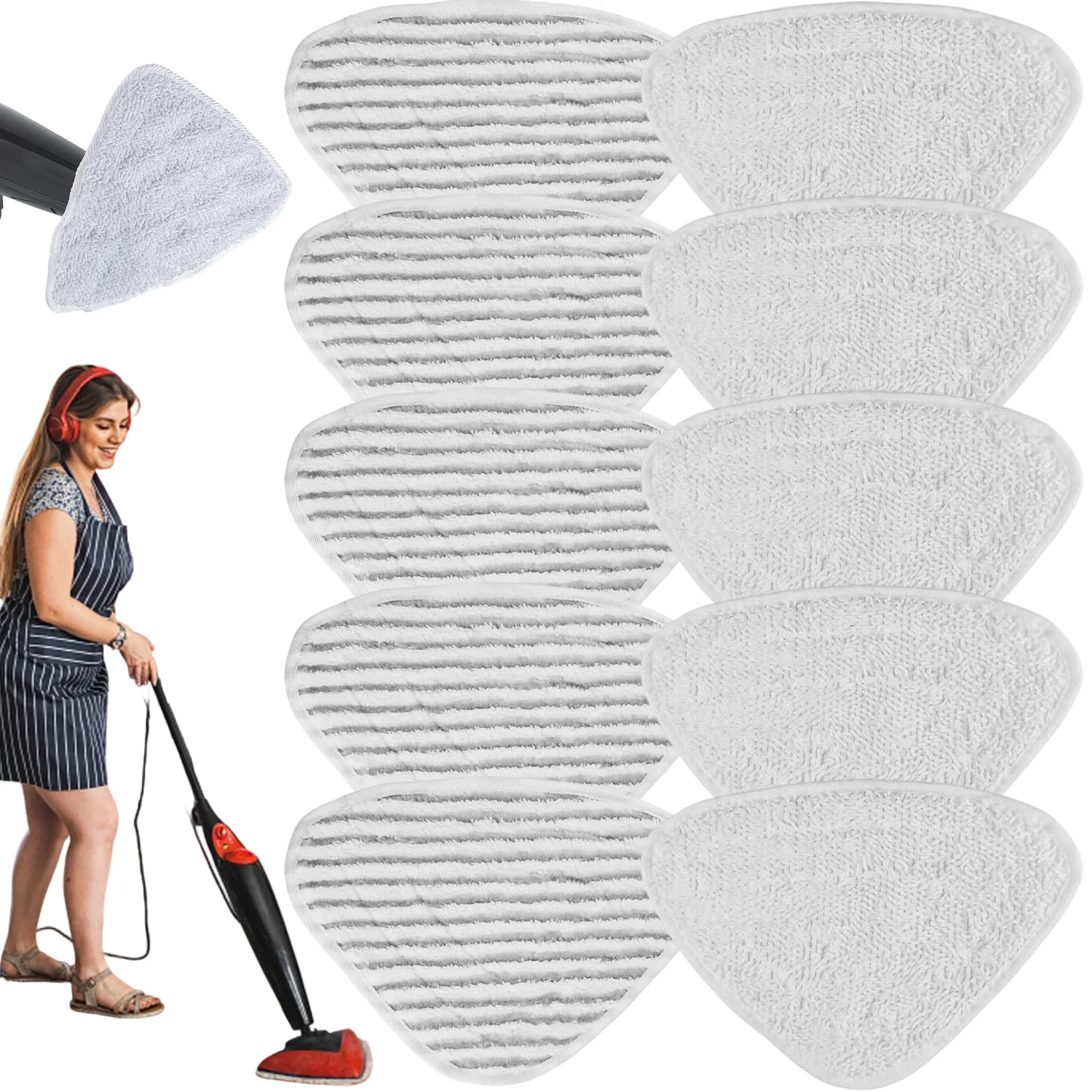 Lot de 10 tampons de rechange compatibles, ensemble de tampons en microfibre réutilisables et lavables, 5 tampons en chenille blanche pour le nettoyage général, rayés pour les saletés tenaces, haute absorption, lavables en machine, adaptés aux sols et surfaces murales en carrelage, marbre, PVC, granit.