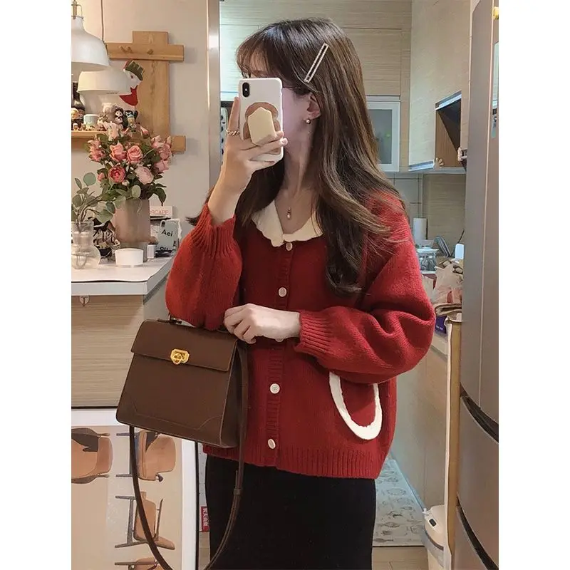 Woman Autumn Winter New Milk Red Sweater Gentle Knitted Cardigan Coat Top Grace Sweet Fashion Youth Lively Doll Collar Trend Ins