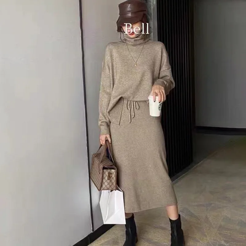 Knitted Skirt Set Women Autumn and Winter Casual Turtleneck Sweater and Skirt Sets Lady Elegant Pullover Suits Two Piece Sets