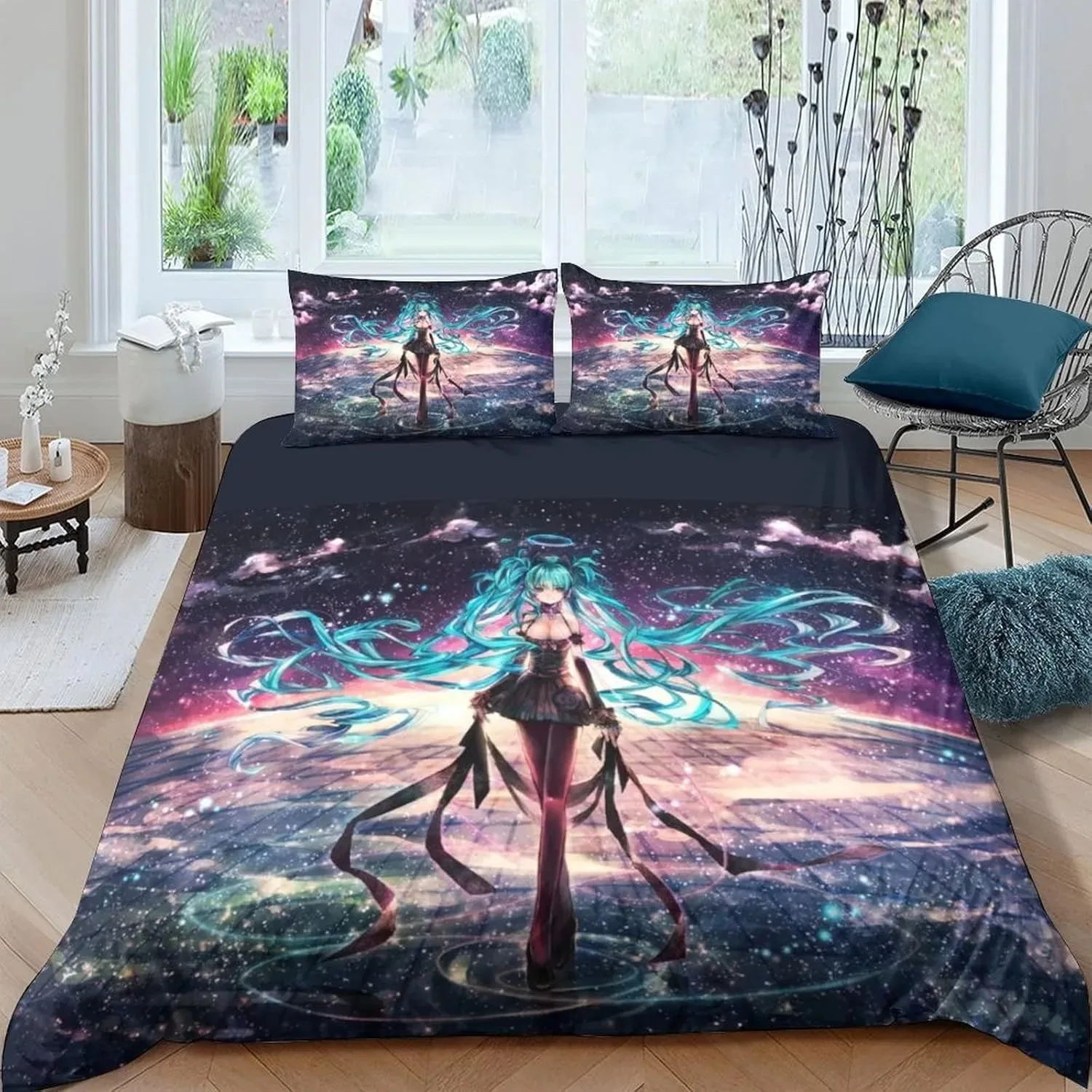 3d初音ミク寝具セット-シングル-ツイン-フル-クイーン-キングサイズ-掛け布団カバーセット-大人子供用寝室装飾-日本の音楽