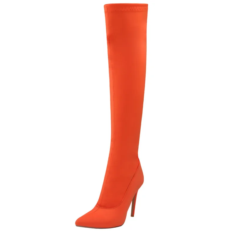 New Knee High Boots Suede Side Zip Women Shoes Stiletto Heel Orange Over The Knee Stretch Boots Large Size Bota Feminina