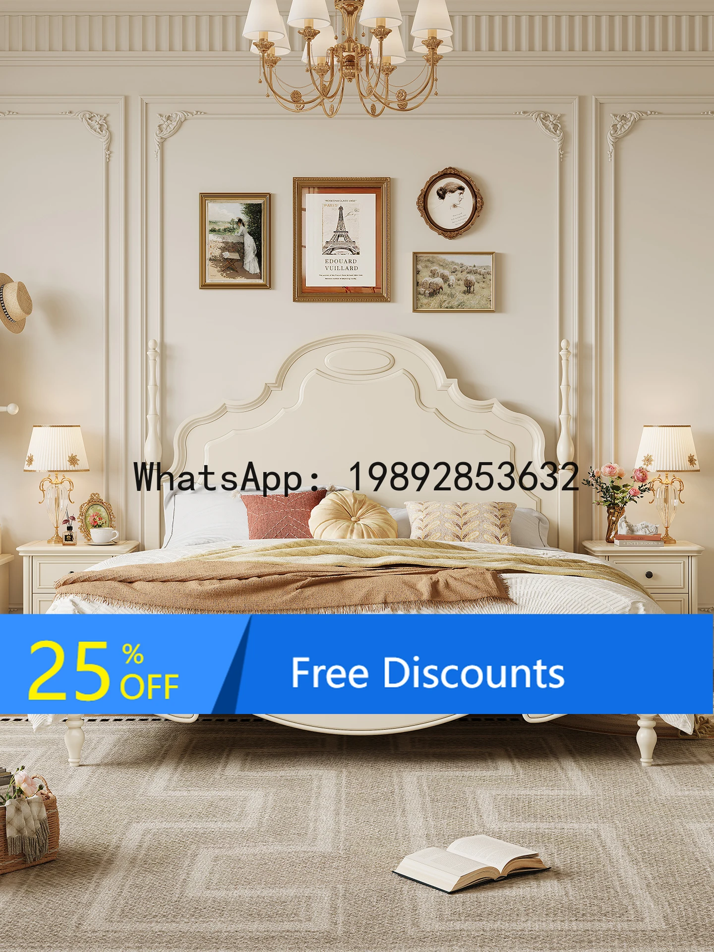 

YFY American Style White Solid Wood Bed Modern Simple 1.8m Double Bed Master Bedroom French Cream Style