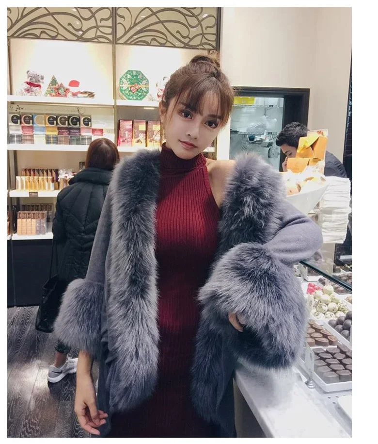 

Poncho European and American Autumn and Winter Fashion New Loose Fitting Faux Fur Shawl Jacket Knitted Cardigan Shawl Cape P2