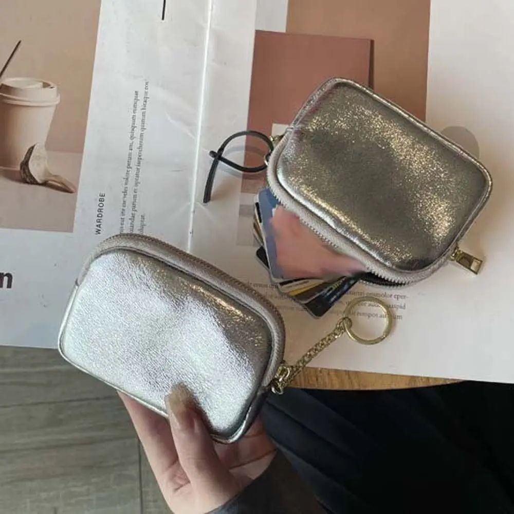 

Повседневный серебряный кошелек из натуральной кожи в корейском стиле, однотонный кошелек на молнии, чехол для наушников, мини-сумка для мелких предметов, женская сумка