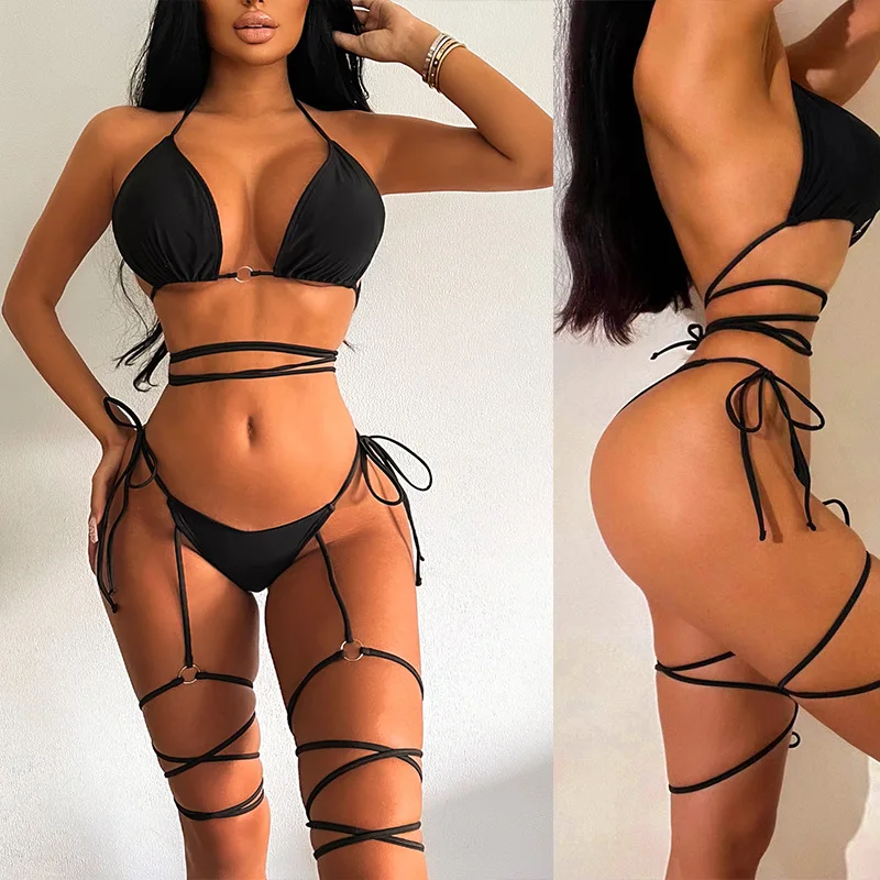 

Женский раздельный купальник, Европейский Американский купальник с открытой спиной, однотонный купальник со шнуровкой и накладкой на груди