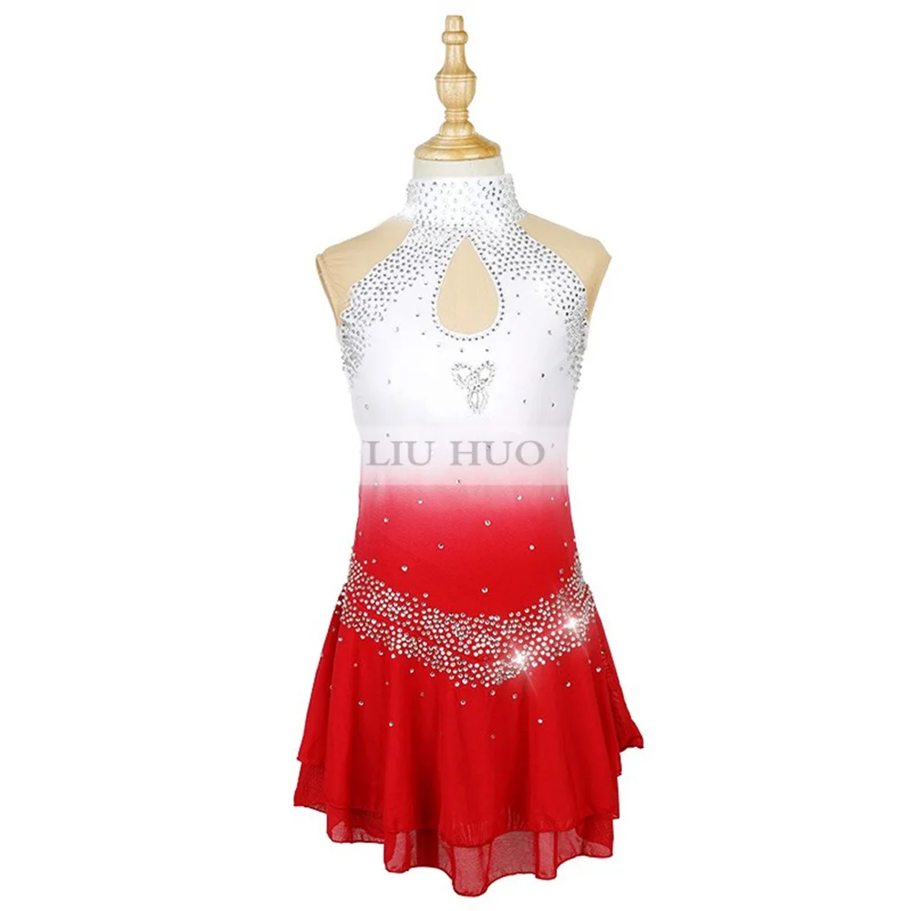 LIUHUO Figure Skating Dress Women's Girl Teens Ice Ballet Performance Sleeveless White Red Standing Collar Costume Roller Dance