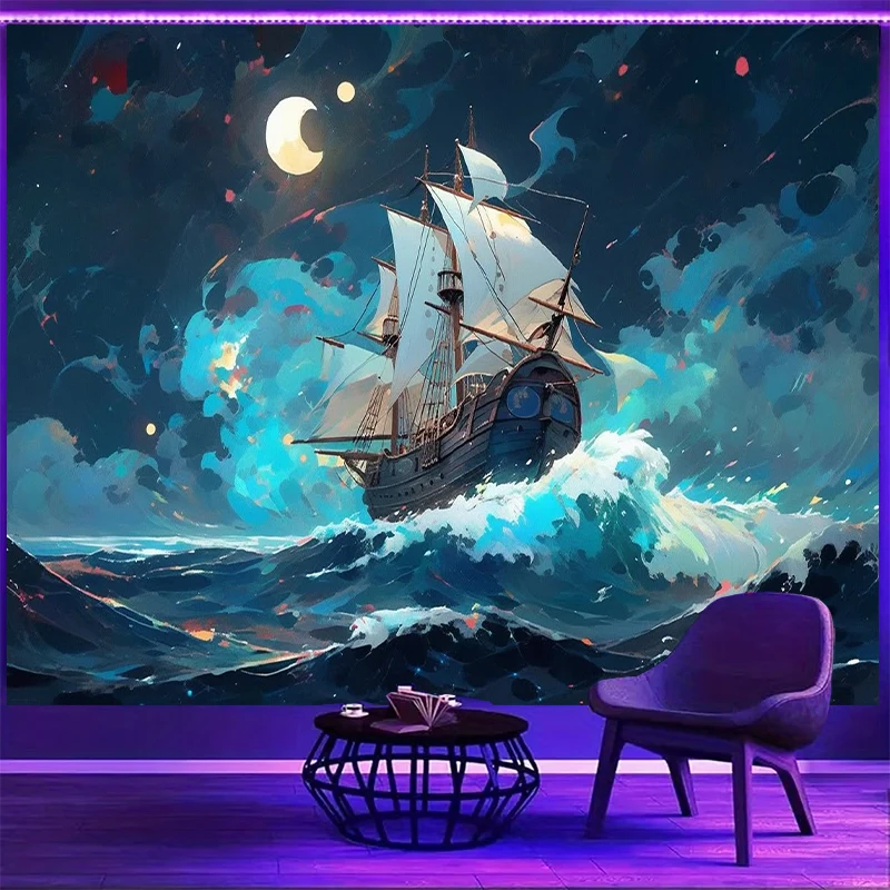 1PC Anime Sailboat Moon Wave Print Backdrop Banner, Bedroom Living Room Photo Background, Polyester, Home Decor, Wall Art