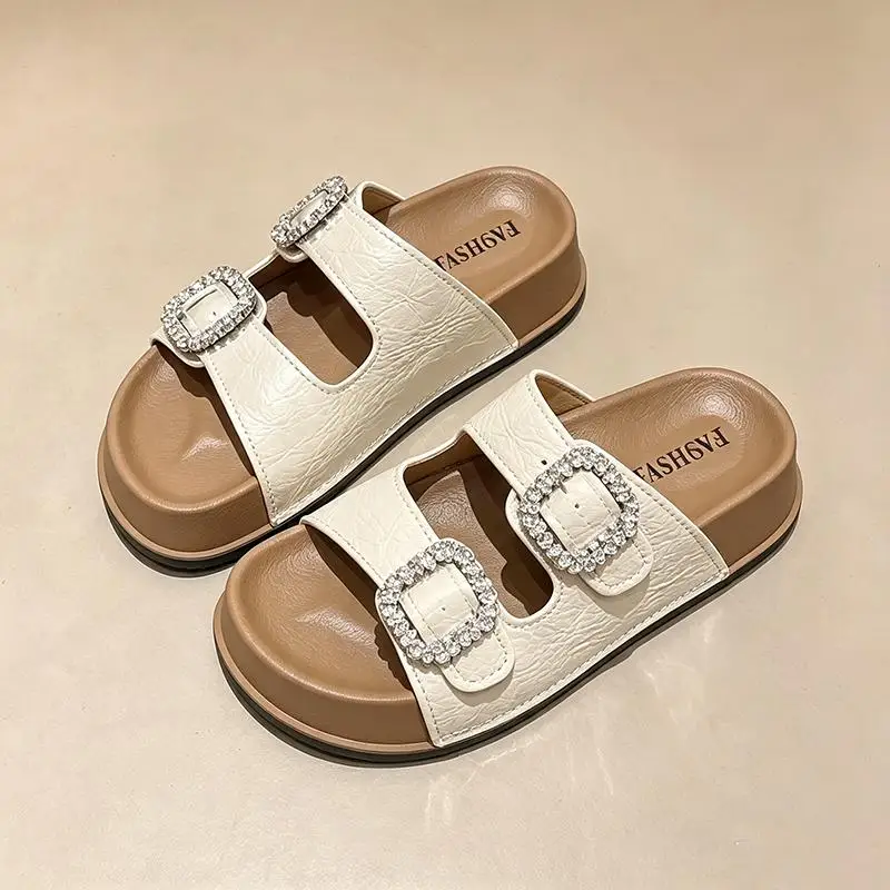 Rutschfeste, dicke Strandpantoffeln für Damen, Sommer 2026, Rhinestore-Schnallen-Plateau-Mules, glänzende Kristallsandalen für Damen – Detail 10