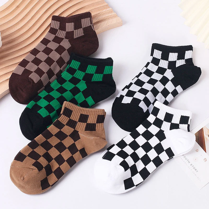 Funky Harajuku Women Checkerboard Socks Geometric Checkered Low Tube Short Hip Hop Cotton Streetwear Crew Ankle Socks Girls Sox