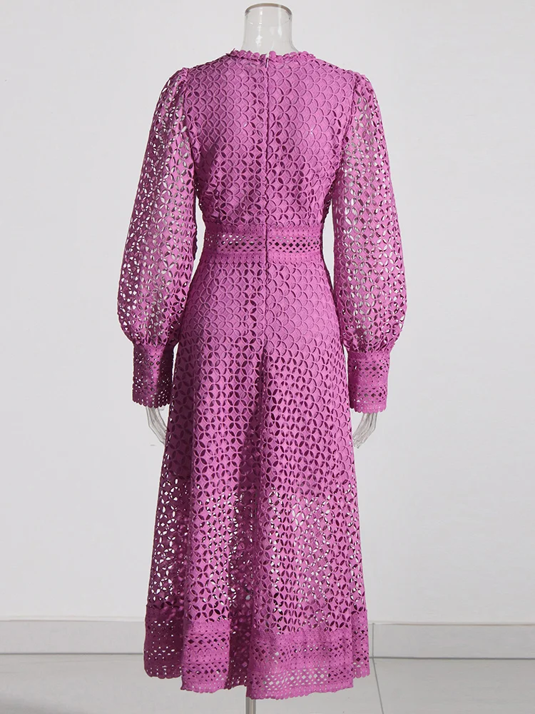 2023 New Female Clothing Round Neck Long Sleeve High Waist Solid Minimalist Embroidery Cut Out Midi Dress For Women