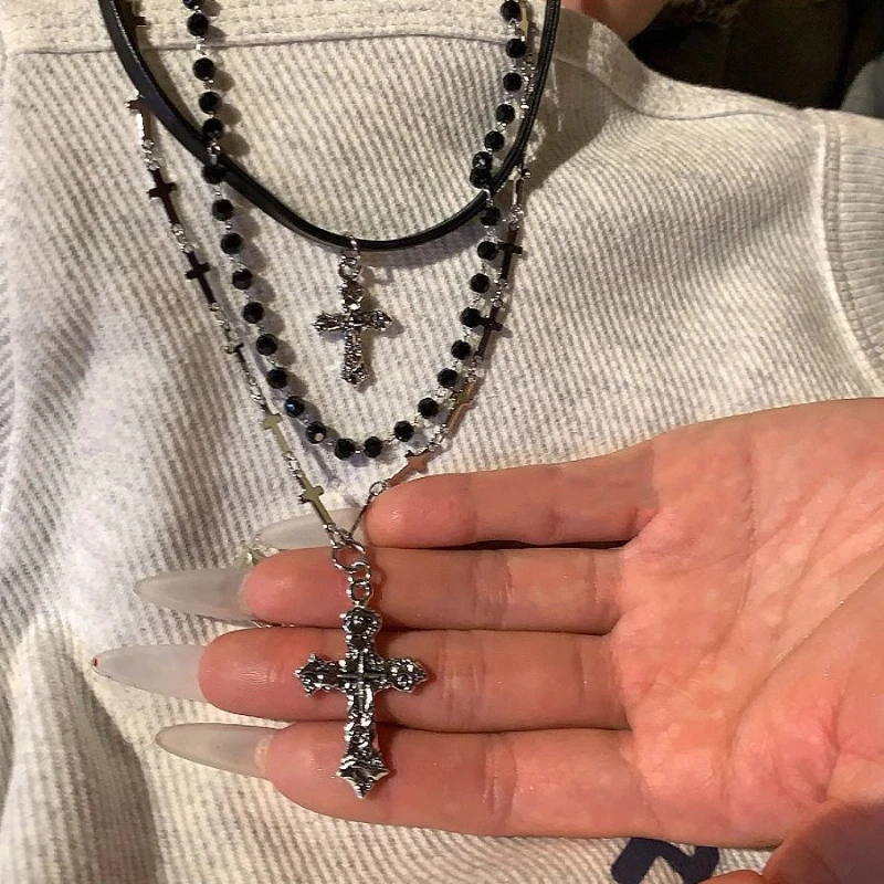 القوطية الشرير نمط Y2k حبة الصليب قلادة قلادة ، 3 قطعة/مجموعة ، المرأة متعددة الطبقات الرجعية العصرية الإكسسوارات والمجوهرات #5