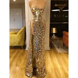 Exquisite Strapless Sleeveless Evening Dress with Crystal Sequined Fashion Side Split Golden Straight Catwalk Party Prom Dress