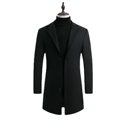 Men's Long Cotton Woolen Coat 2023 Autumn New Windbreaker Coat Business Fashion Slim Fit Classic Solid Color Woolen Coat