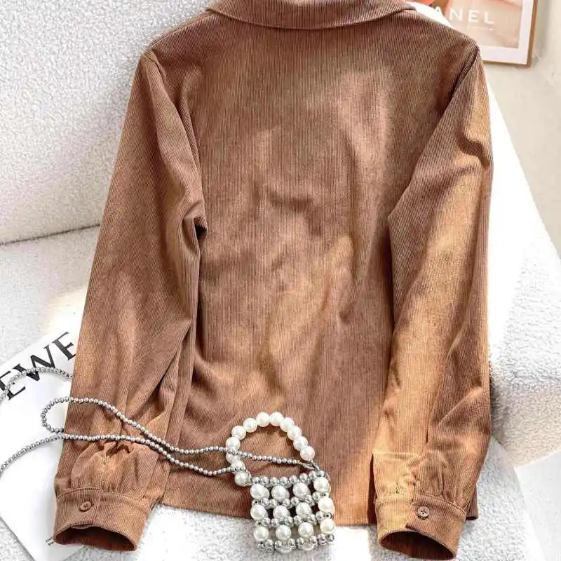 2024 Autumn Winter New Women\'s Blouse Polo-Neck Solid Color Button Embroidery Elegant Niche Design Long Sleeve Loose Shirt Tops