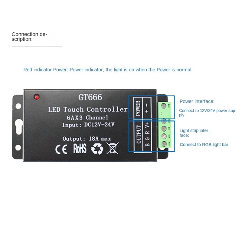 เครื่องควบคุมแถบไฟ LED LED GT666แบบไร้สายระบบสัมผัสระยะไกลแบบ RF DC 12V 24V 18A 3ช่อง sakelar peredup แบบเทป