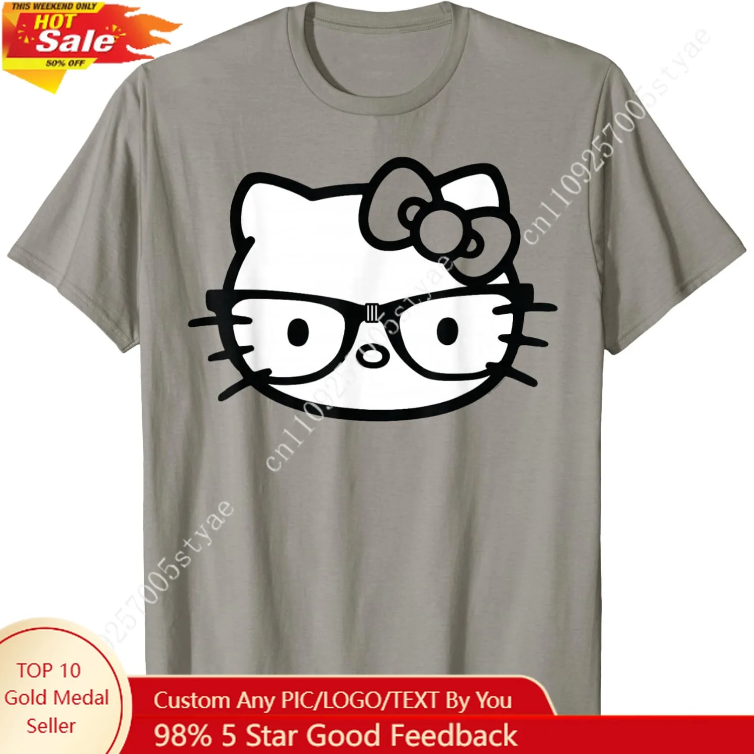 

Hello Kitty Black and White Nerd Glasses Short Sleeve T-Shirt Woman's Tshirt Fashion Tee Crewneck Tops Soft Tee Fashion Clothes