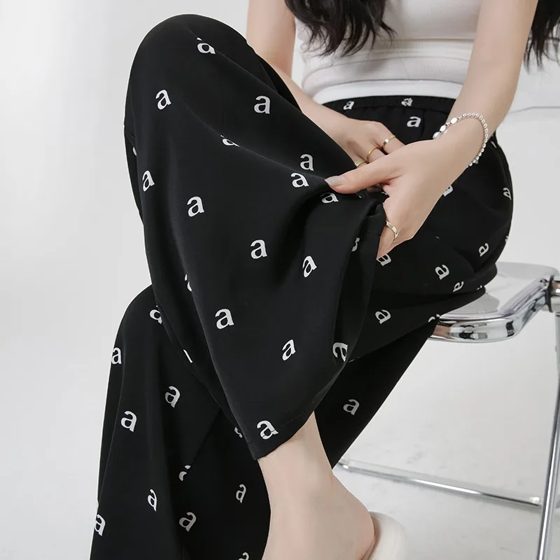 Casual Pants Women Thin Letter Printed Full Length Straight Leg High Waist Pants Summer  Korean Style Versatile Trousers Female