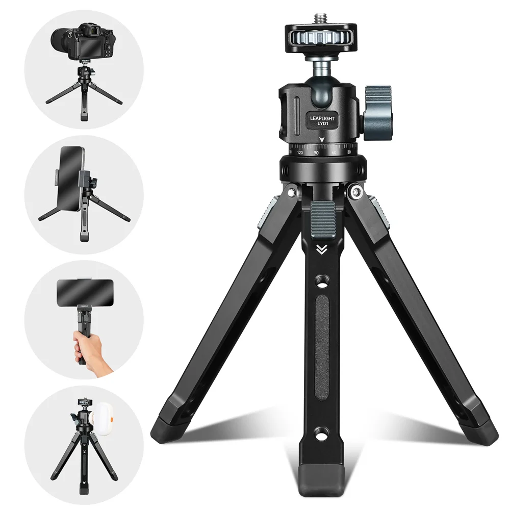LEAPLIGHT Universal Camera Tripod 3 Adjustable Heights Aluminum Desktop Tripod W 360° Panoramic Ball Head for Video Photography