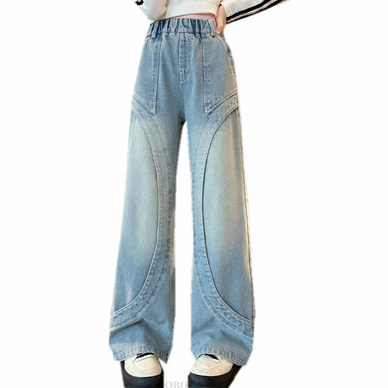 

Fashion Children Patchwork C Pattern Jeans For Girls Elegant Slim Denim Pants Teens Kids High Waist Straight Fit Jeans Trousers