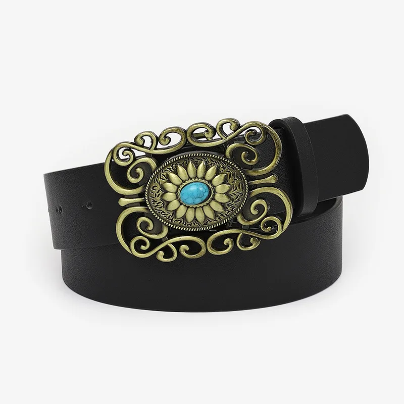 Vintage Turquoise Stones Inlaid Metal Buckle Black Pu Leather Belt cinturónes пояс женский пояс женский female belts for dress