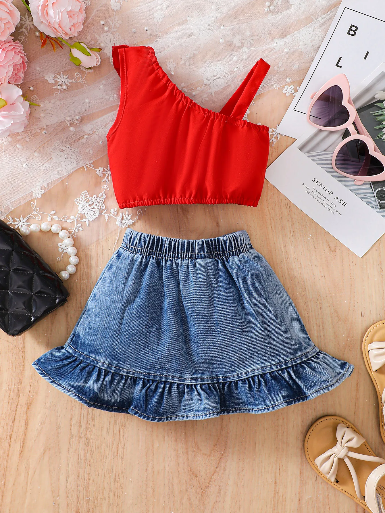 Fashionable Baby Girl Suspender With Cute Ruffled Edges, Trendy Latest Denim Skirt Set