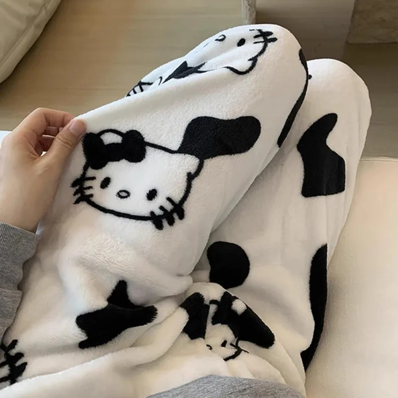 New Hello Kitty Pajamas Pants Sanrio Anime Kawaii Women\'s Pants Warm Soft Plush Winter Pajamas Pants Hello Kitty Y2k Clothes