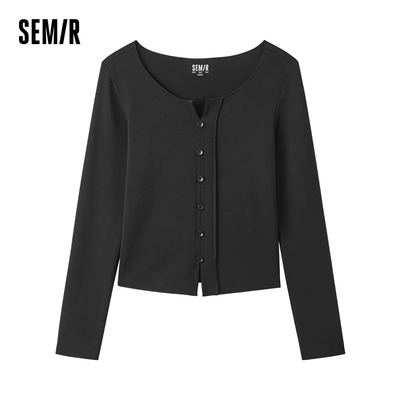 Semir Bottoming Shirt Women Slimming Inner Layer Solid Color Versatile Spring Slit Top Wearable Outside Leisure Round Neck