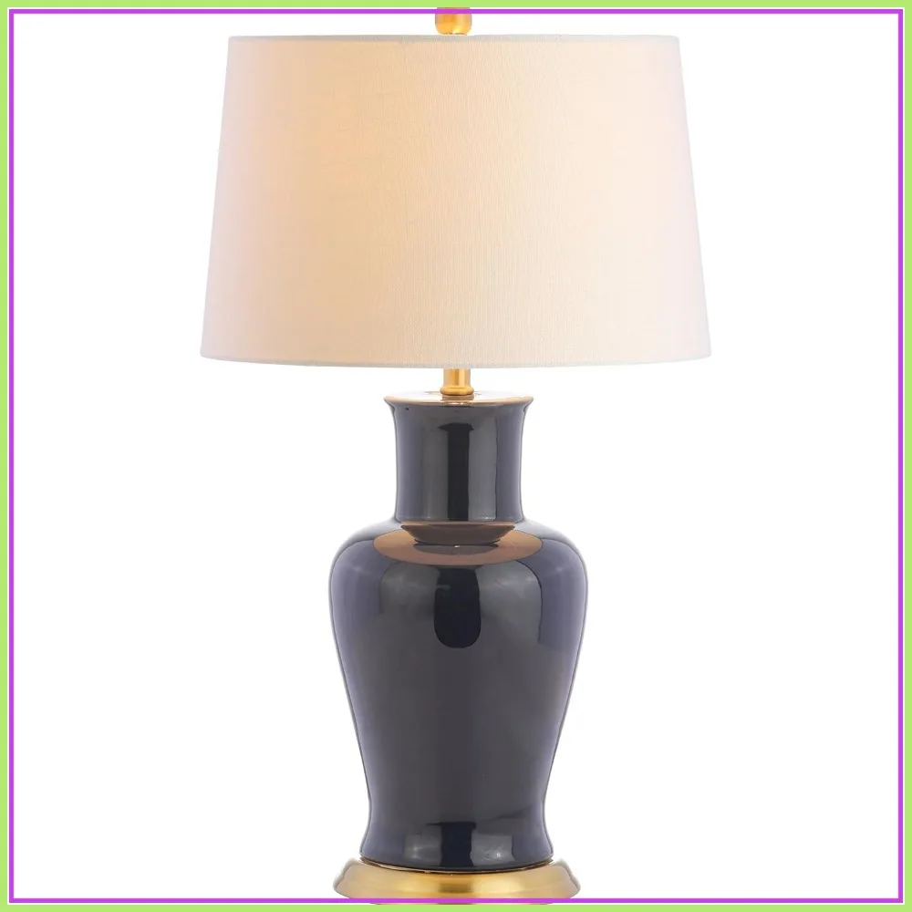 Lámpara de Mesa LED de Cerámica Azul Marino de 29 Pulgadas con Pantalla de Lino Blanco para Sala de Estar o Dormitorio, Bombilla de Bajo Consumo Incluida