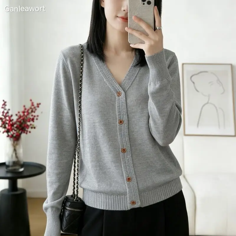 

Korean Women's Spring Knitted Solid Color Cardigan Thin Jacket Loose Sweater Long Sleeved Versatile Knit Sweater S-XL Large Size