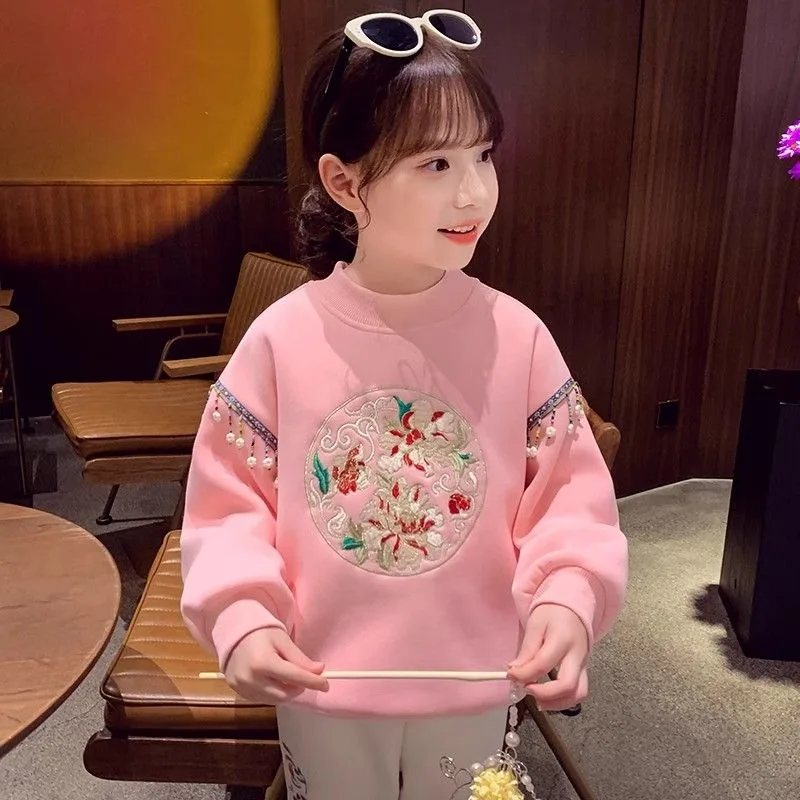 

Girls' Winter New Arrival Stylish Fleece-Lined Crewneck Hoodie Chinese-style Festive Greeting Top