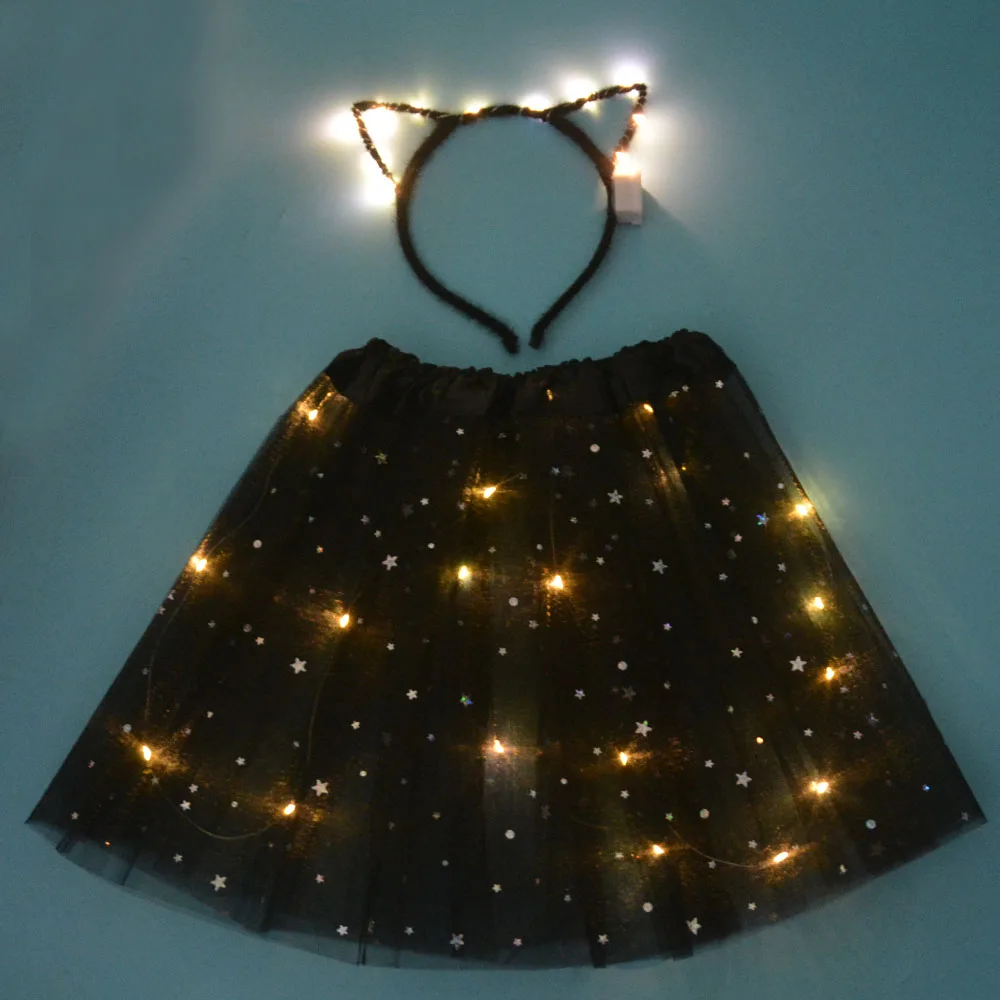 Falda para niñas y mujeres, tutú con luces, tul brillante con estrellas, diadema con forma de cabeza de gato y corona de flores para fiestas, festivales, Halloween y disfraces navideños.
