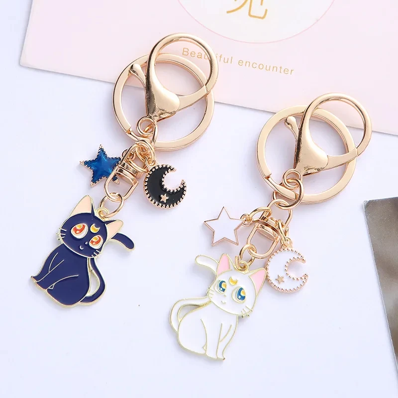 Cats Couple Key Holder Moon Keychain Hanger Baked Enamel Jewelry Zinc Alloy Keyring Pendent Accessory Key Chians Gift for Women