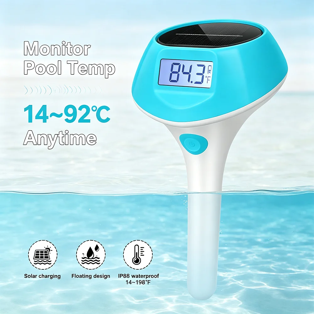 Floating solar-powered charging pool thermometer with digital display is suitable for bathtubs, spas and aquariums.