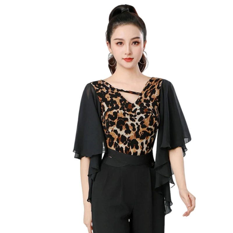 Vêtements de danse modernes imprimé léopard, col en v, manches en maille, combinaison Chacha Rumba Tango, Costumes de danse de salle de bal latine, DN20703