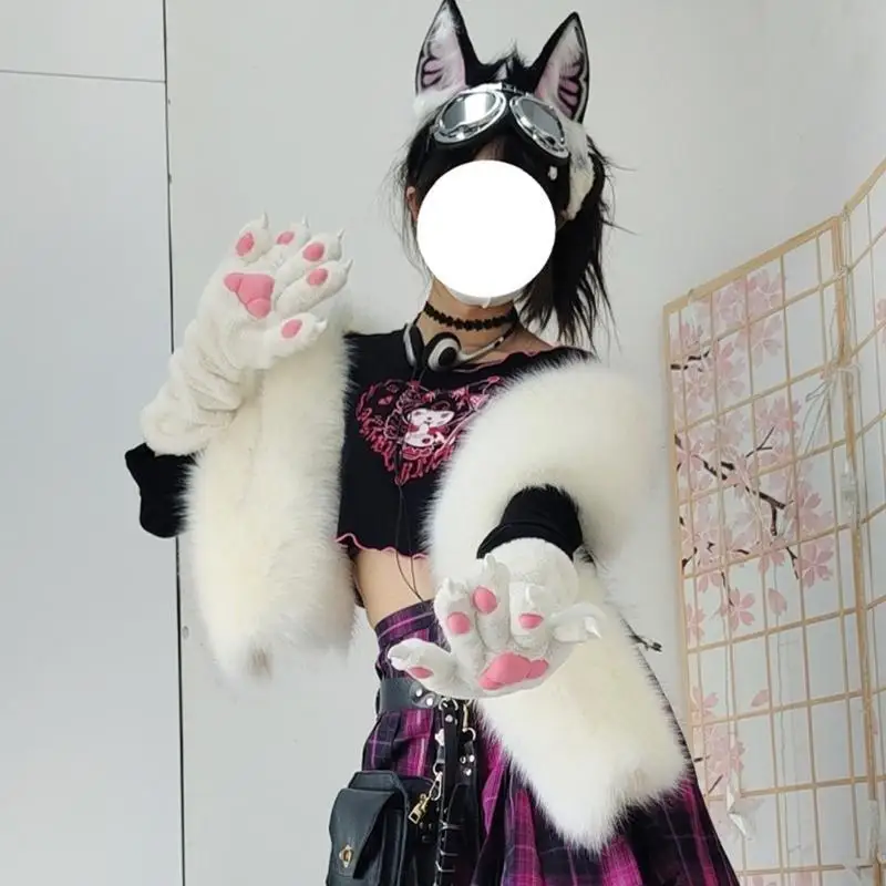 C71F przebranie na karnawał koty łapy rękawiczki dla kobiet dziewczyna do odgrywania ról Party pluszowe rękawiczki z pazurami
