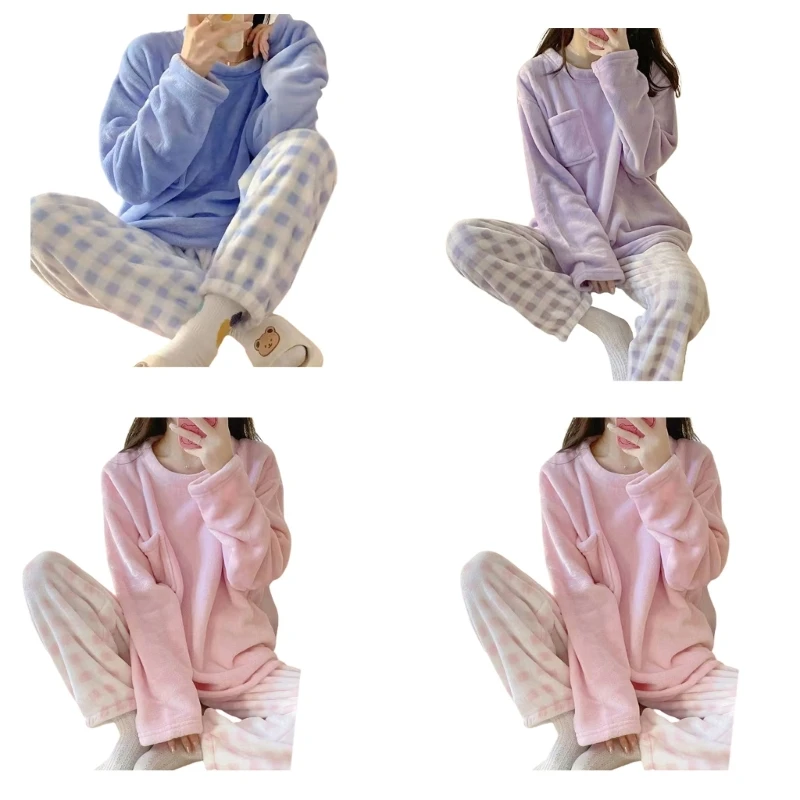 

Fleece Women's Pajamas Set Warm Winter Flannel Sleepwear Long Sleeve Solid Top and Plaids Pants for Home Wear Clothes