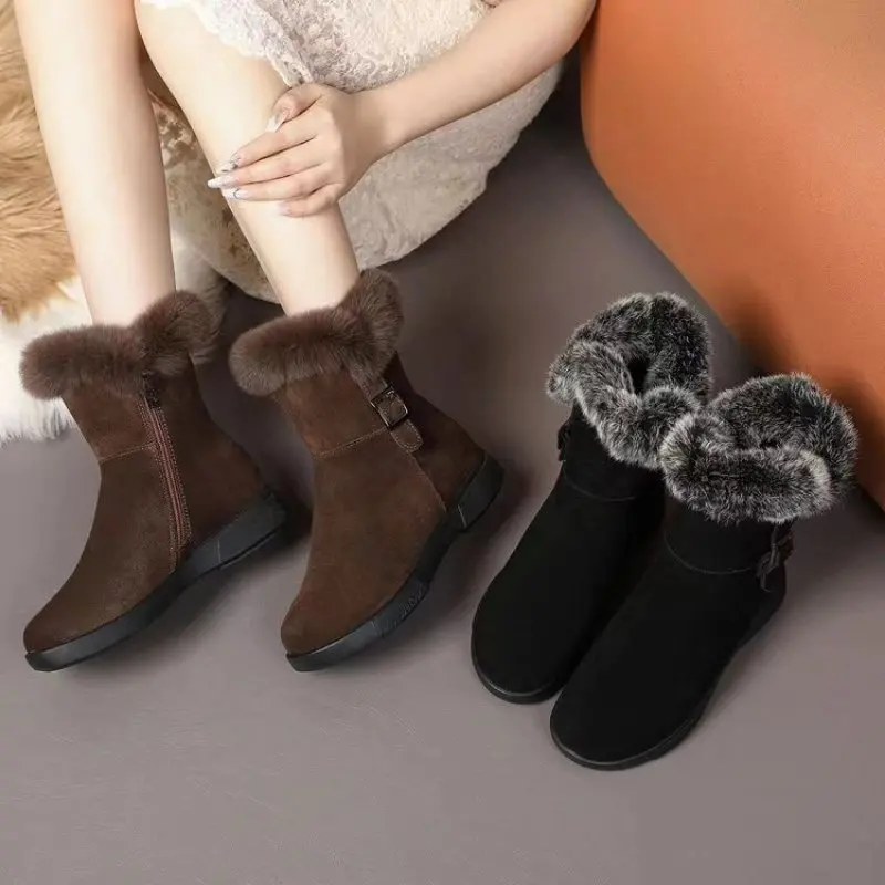 

Suede Genuine Leather Winter Women Fluffy Booties Ankle Snow Boots Autumn Soft Solid Flats Plush Warm Fur ZIP Shoes Simple New