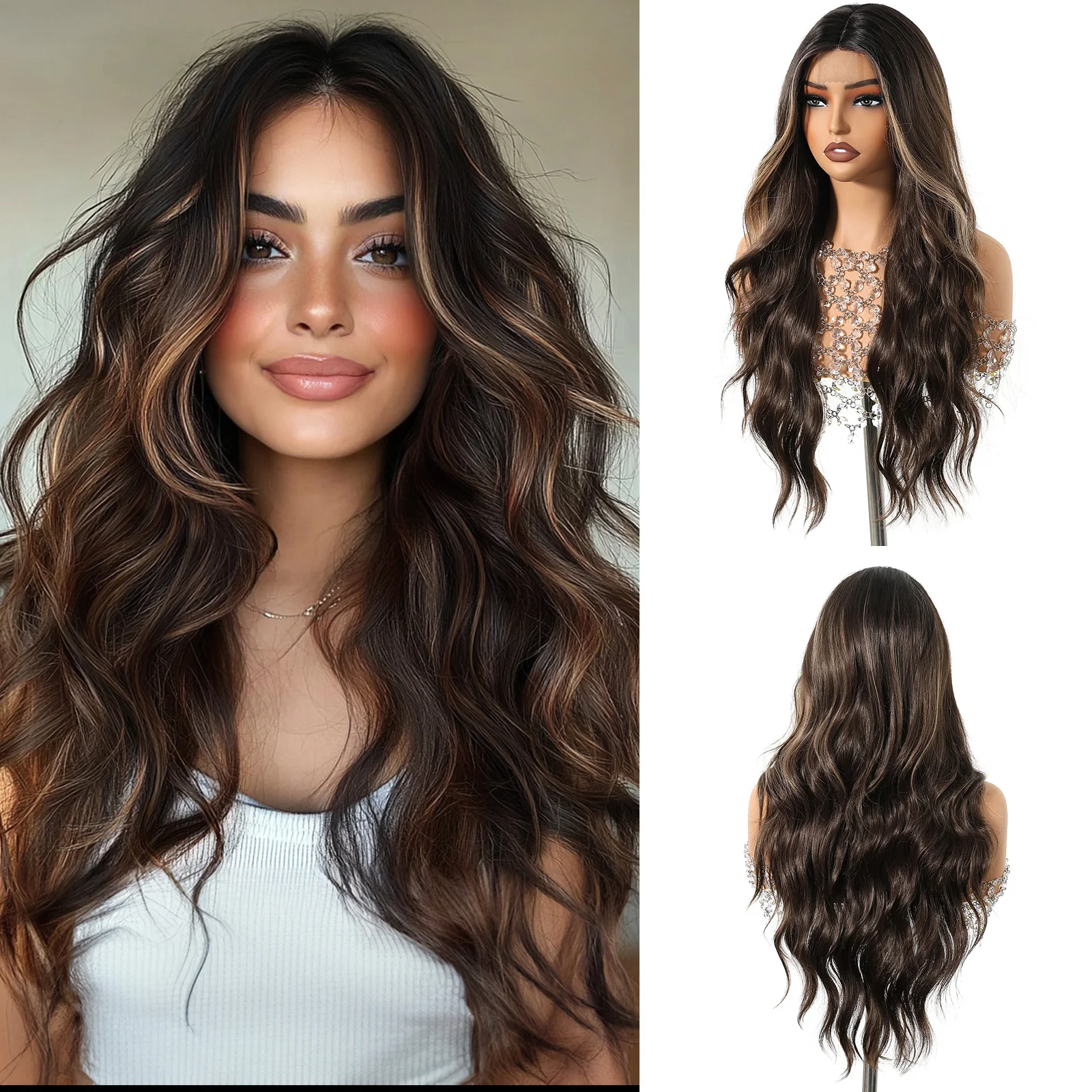 

DWY Long Wavy Dark Brown Synthetic Wigs for Women Dark Brown With Blonde Highlights Wigs Hairline Lace Natural Hair Daily Use