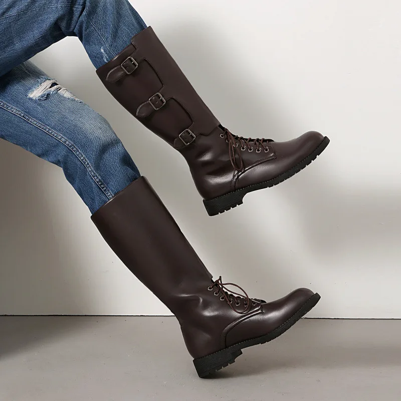 Men's Boots Belt Buckle Western Boots Retro Lace-up Pu Leather High Boots Outdoor Casual Shoes Designer Plus Size Mid-Calf Boot view 5