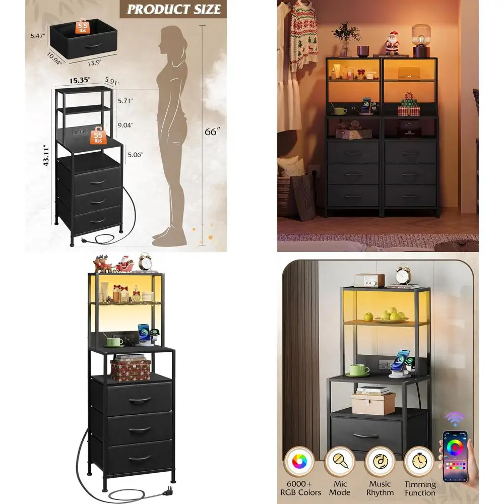 

Contemporary Black Nightstand with Charging Station, LED Light, Fabric Drawers, and Open Shelves for Bedroom or Living Room