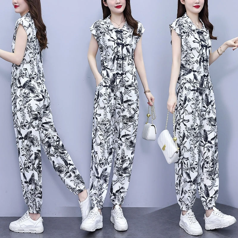 2024 summer new chinese disc button ink print suit set women fashion style short sleeve top harun trousers two-piece set w825