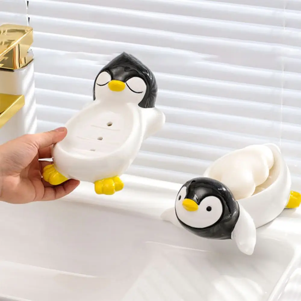 

Cute Ceramic Penguin Shape Soap Box Portable Thickened Soap Holder Multifunction Cartoon Soap Dish Bathroom Shower