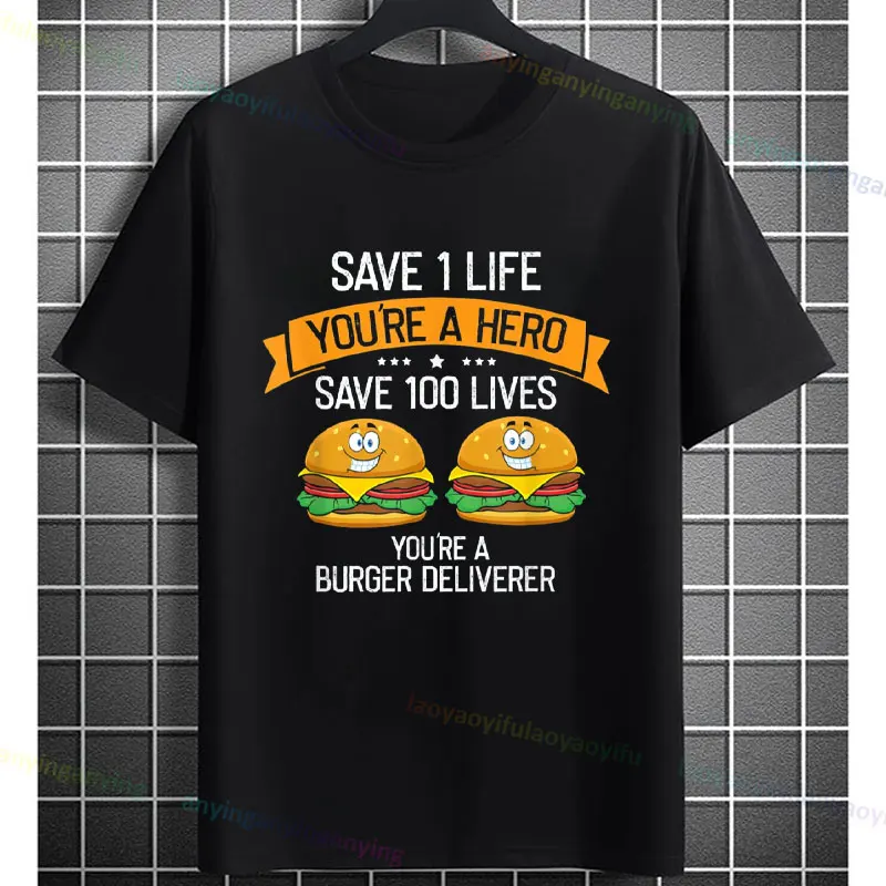 

Funny Hamburger Lovers Humor Style Graphic T-shirt with "Save 1 Life You're A Hero" Slogan Casual Short Sleeve Pure Cotton Tee