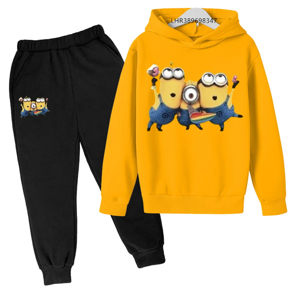 Minions-suéter deportivo de dibujos animados para niño y niña, y pantalones Sudadera con capucha, ropa amarilla para otoño e invierno, 3 a 12 años