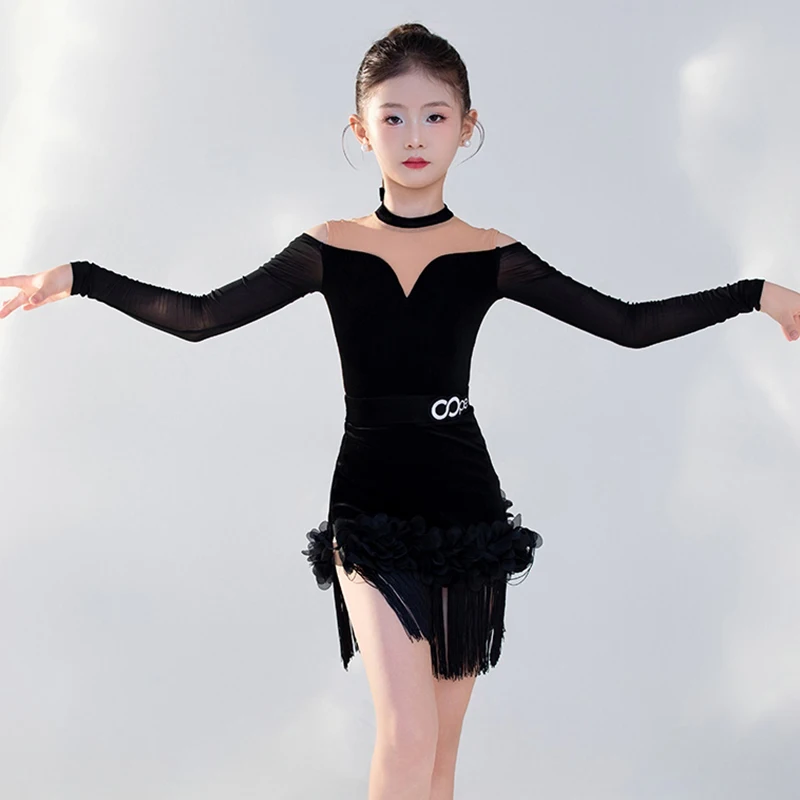 

Girls Latin Outfit Black Long Sleeve Dance Suit Fringe Skirt Cha Cha Rumba Practice Costume Latin Competition Clothing AMY2563